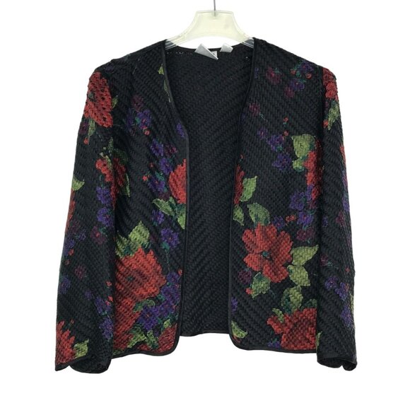 Chicos Design 1 M Silk Woven Jacket Open Front Black Rose Print Long Sleeve - Picture 7 of 7
